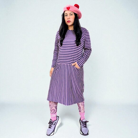 Gudrun Sjoden lilac eggplant striped pocket front artsy folk midi dress  W's L - Picture 1 of 9